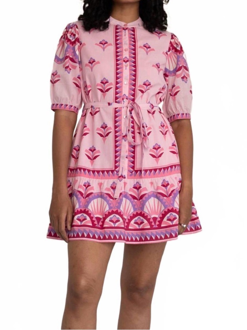 Banjanan Pink Printed Short Sleeve Tie-Waist Dress
